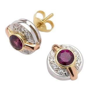 Ruby and diamond 18 carat white, yellow and rose gold circle and bar studs.