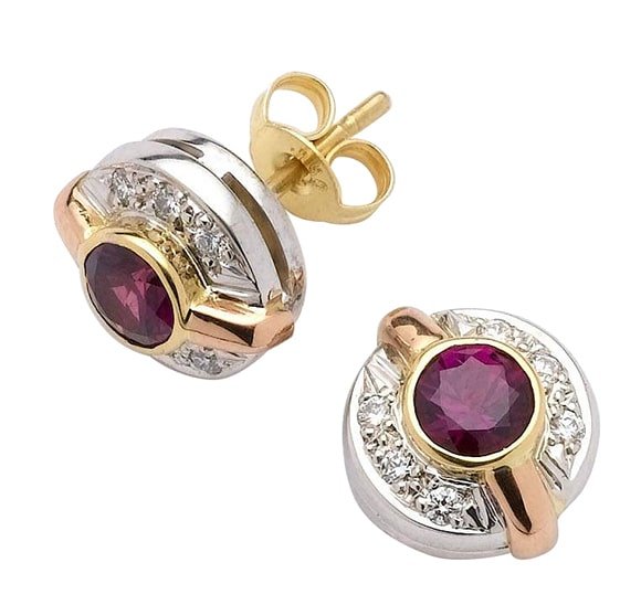 Ruby and diamond 18 carat white, yellow and rose gold circle and bar studs.