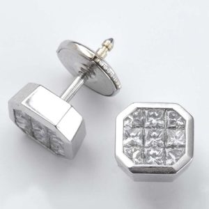 Invisible set' diamond studs in 18 carat white gold.