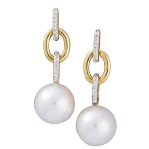 Fancy 18 carat yellow and white gold 'link' drop studs with suspended South Sea pearls.