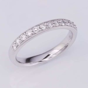 White Gold Diamond Ring, 18 carat white gold diamond wedding ring with a mille grained edge