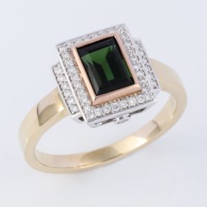 tourmaline jewellery, tourmaline ring, three tone tourmaline ring, emerald cut green tourmaline ring, diamond and tourmaline ring,