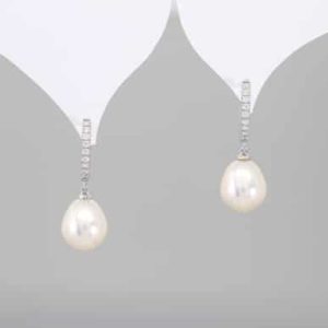 18 carat white gold fresh water pearl and diamond drop earrings
