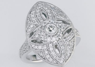 18 carat white gold Art-Deco style multi diamond ring.