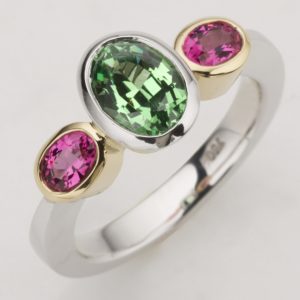 Tsavorite and pink sapphire ring, pink and green ring, coloured rings, custom made coloured rings, oval gemstone rings, green and pink rings