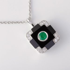 Abrecht Bird Jewellers, onyx, 7th anniversary gemstone, emerald pendant, onyx pendant, white gold pendant, diamond pendant, art deco pendant