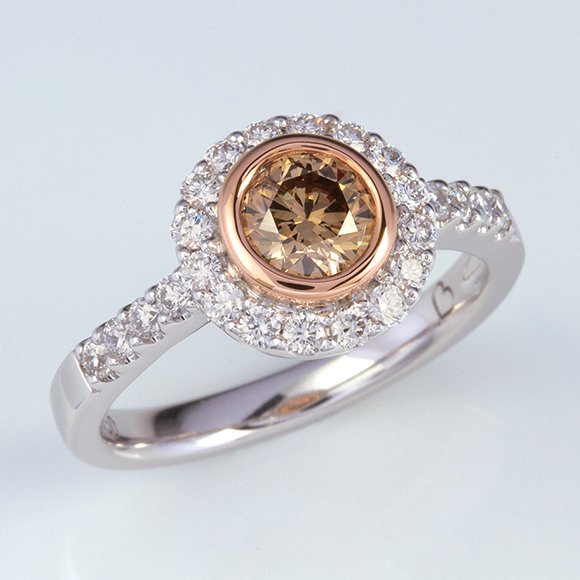 cognac diamond ring, cognac diamond halo ring, Abrecht Bird, Abrecht Bird Jewellers, hand made jewellery, brown diamond ring, Argyle diamond ring