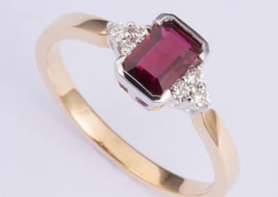 ruby and diamond ring, Abrecht Bird, Abrecht Bird Jewellers, emerald cut ruby ring, red stone ring, Abrecht Bird, Abrecht Bird Jewellers