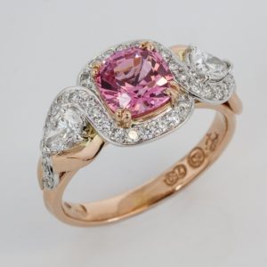 Cushion cut pink spinel ring, hand made pink spinel ring, hand made spinel ring, rose and white gold spinel ring,