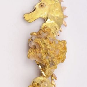 18 carat yellow and rose gold hand made seahorse nugget brooch