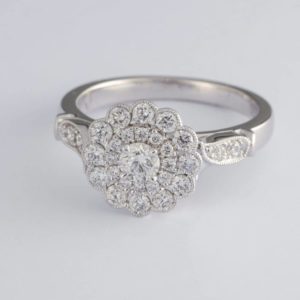 double halo diamond ring, white gold diamond engagement ring,