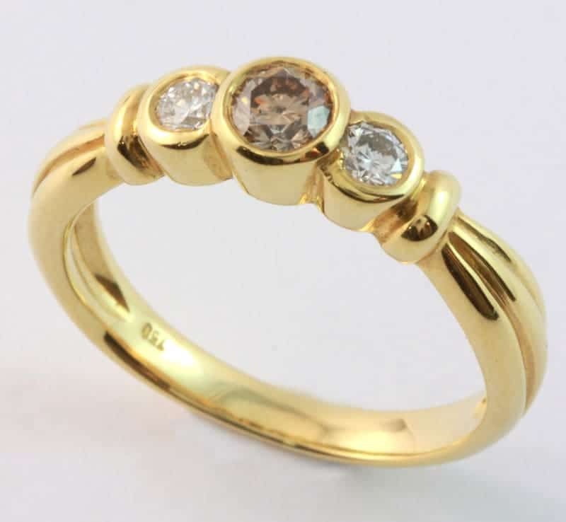 cognac diamond ring, three diamond ring, round cognac diamond, yellow gold diamond ring