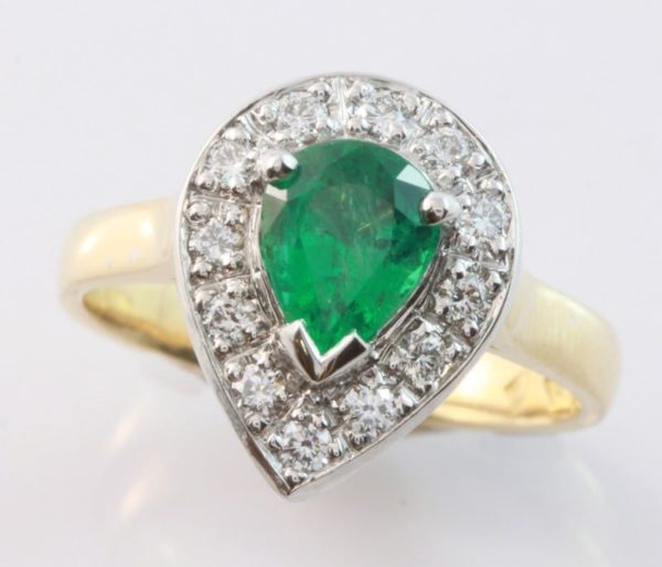 emerald ring, hand made jewelry, quality hand made jewellery, emerald engagement ring, emerald halo ring, emerald and diamond halo ring, pear shaped emerald ring, emerald and diamond ring,