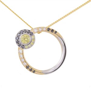 white gold, yellow gold, diamond pendant, black diamond, white diamond, yellow diamond, circular pendant, eclipse pendant,