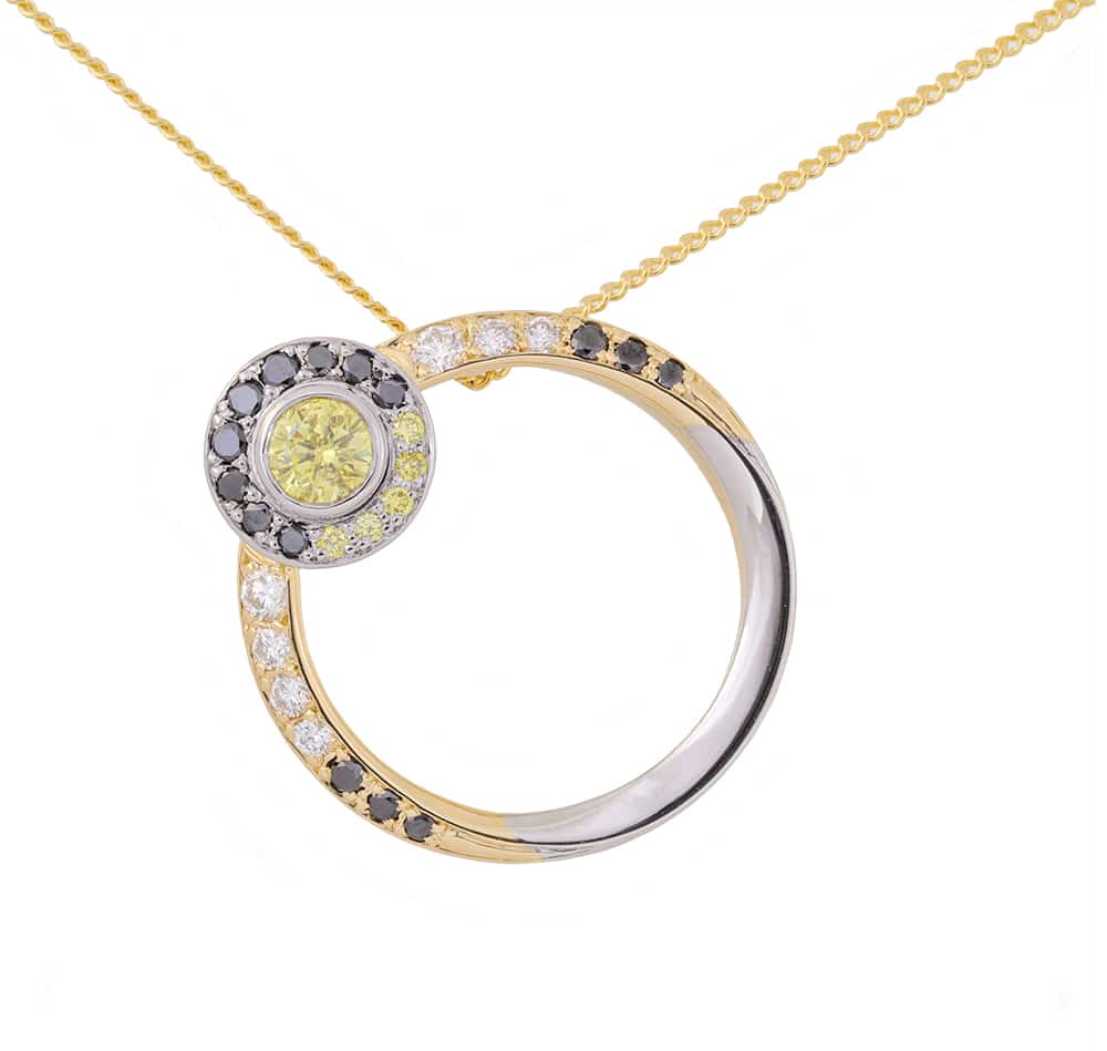 white gold, yellow gold, diamond pendant, black diamond, white diamond, yellow diamond, circular pendant, eclipse pendant,