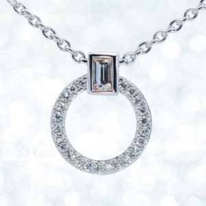 Abrecht Bird, Diamond pendant, diamond necklet, circle diamond pendant, baguette diamond, rectangular diamond, circle pendant,