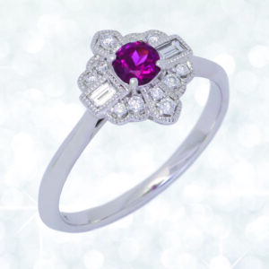 Rhodolite, Abrecht Bird, diamond ring, white gold ring, garnet ring, red stone ring, multi diamond ring, diamond halo ring, coloured stone ring,