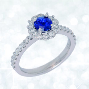 Abrecht Bird, sapphire ring, diamond ring, sapphire halo ring, blue stone ring, sapphire, white gold ring, sapphire engagement ring