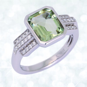 Abrecht Bird, Prasiolite ring, green amethyst ring, amethyst and diamond ring, green stone ring, white gold, white gold ring, diamond ring
