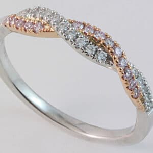 Abrecht Bird, pink argyle ring, argyle diamond ring, diamond, ring, white gold ring, two tone ring, pink and white diamonds, diamond twist ring, twist ring