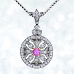 sapphire pendant, Abrecht Bird, pink sapphire, diamond, sapphire and diamond pendant