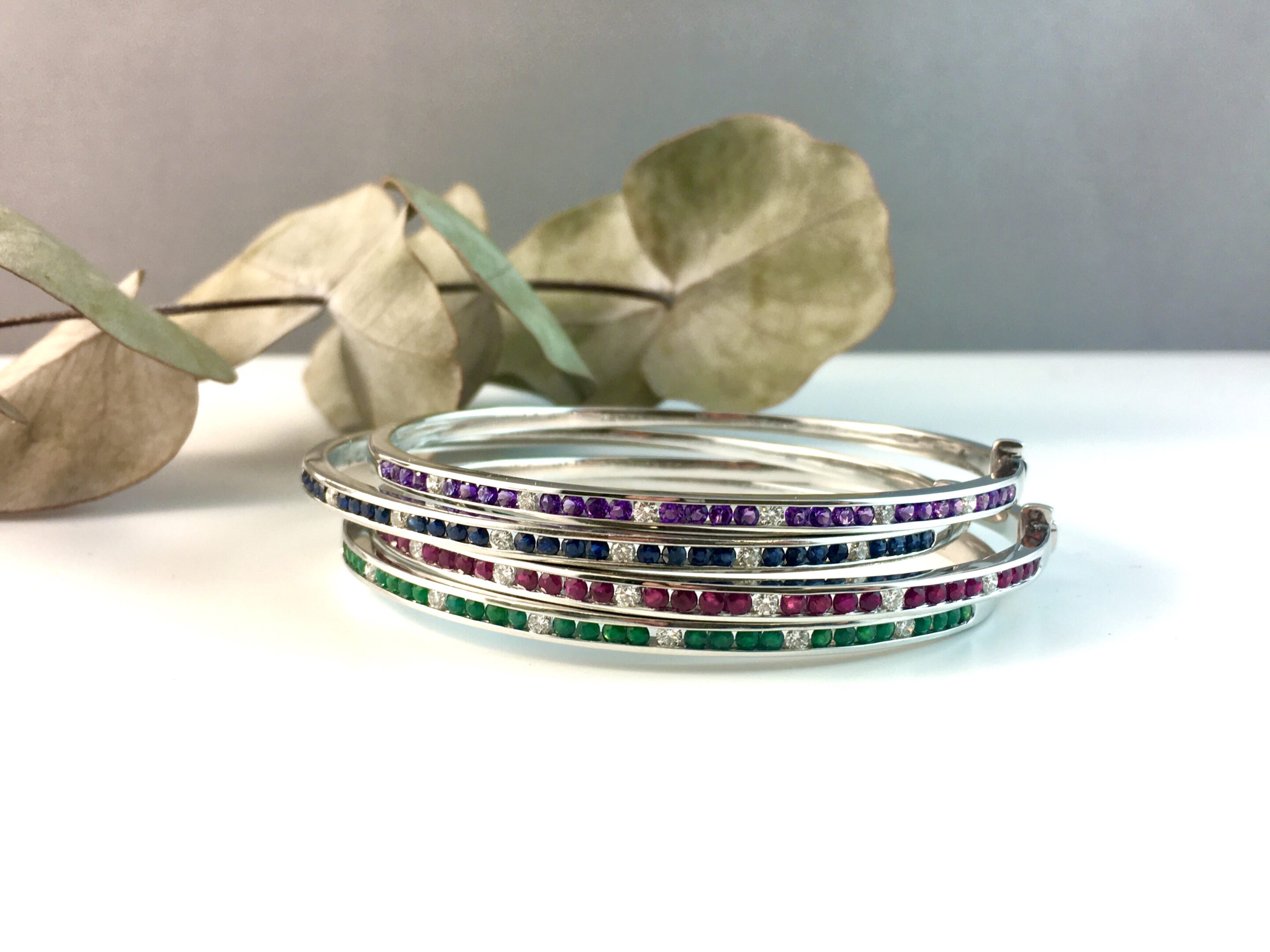 bangles, white gold, diamond bangle, sapphire bangle, emerald bangle, ruby bangle, amethyst bangle, hinged bangles, hinged, Abrecht Bird Jewellers, stackable bangles,