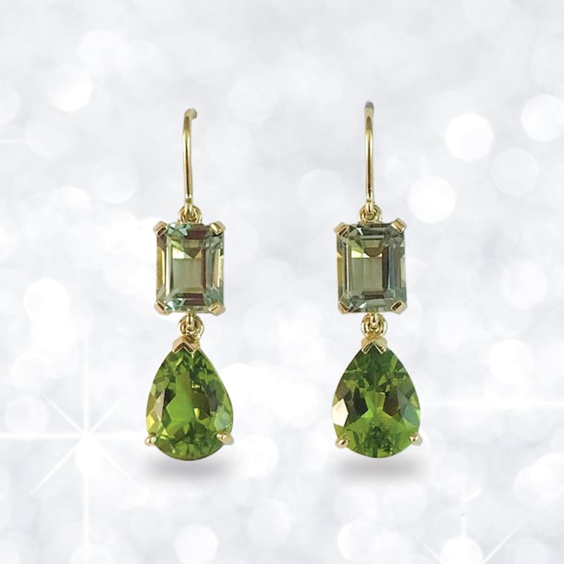peridot, mint quartz, quartz, peridot earrings, quartz earrings, gold earrings, drop earrings,