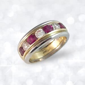 40th wedding anniversary, July birthstone, Abrecht Bird Jewellers, ruby, ruby and diamond ring, ruby ring, two tone ring, gold, channel set, Greg John,