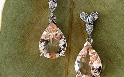 120783 : 9 Carat Rose & White Gold Pear Shaped Morganite & Diamond Earrings