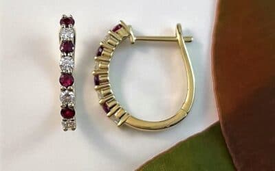 120788 : 9 Carat Yellow Gold Ruby & Diamond Hoop Earrings