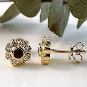 Abrecht Bird, Abrecht Bird Jewellers, yellow gold, ruby, red, ruby studs, ruby and diamond studs, ruby earrings,